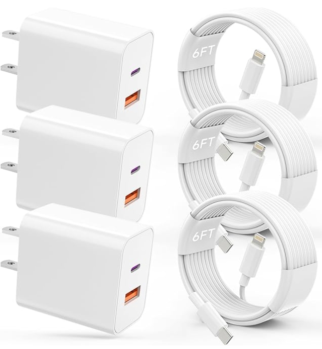 3Pack【MFi Certified】 20W PD+QC3.0 USB A Dual Port Wall Charger